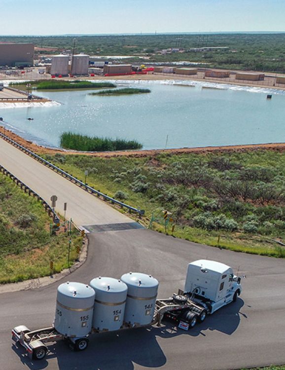 Aerial view of the Waste Isolation Pilot Plant as a truck shipment arrives.